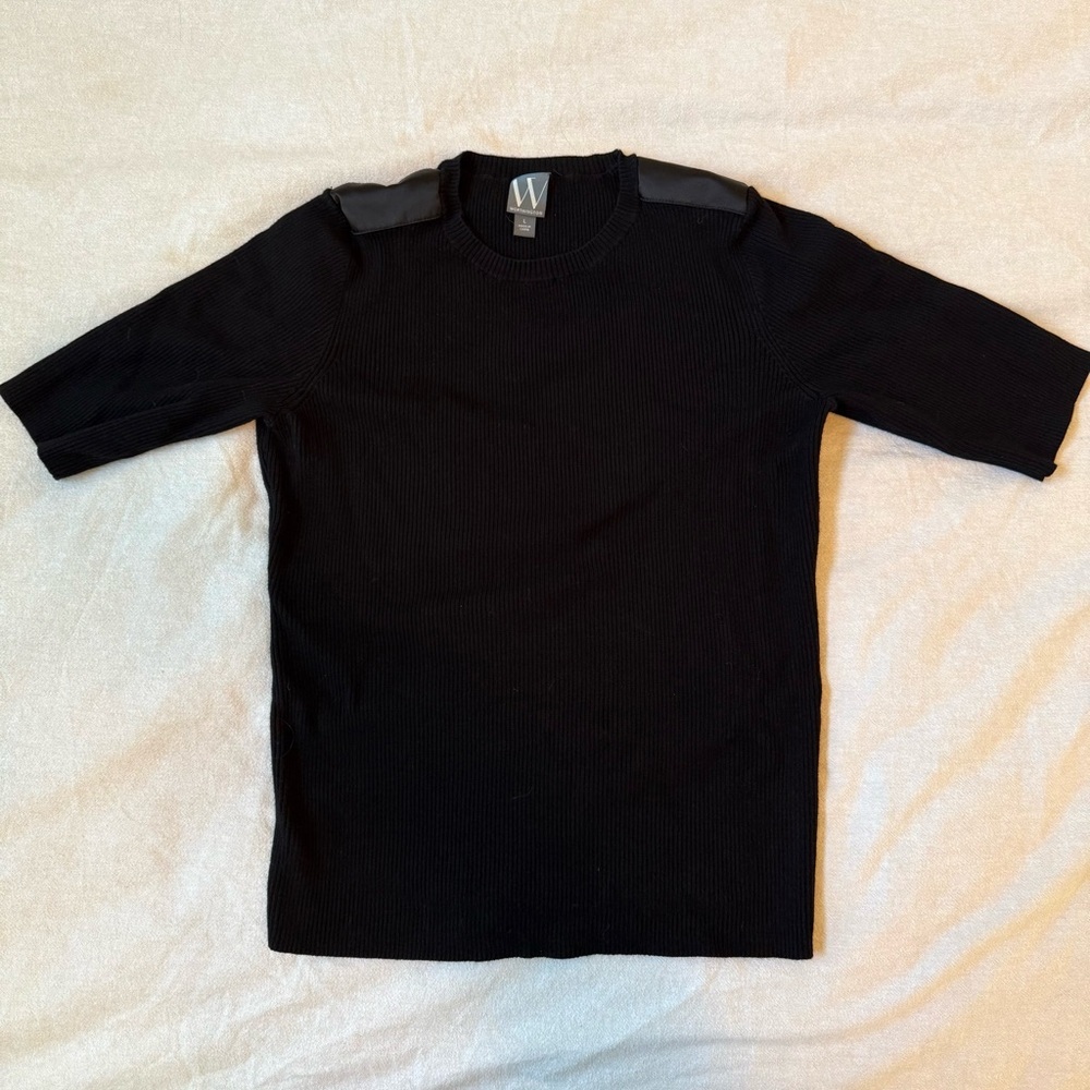 EUC Ribbed Elbow Sleeve Knit Top with Satin Shoulder Detail - Size L